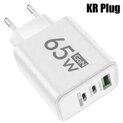 65W Gan USB C Fast Charger 3In1 Multi Ports Quick Charge 3.0 Wall Adapter EU US KR Plug Travel Charger for Iphone Samsung Xiaomi