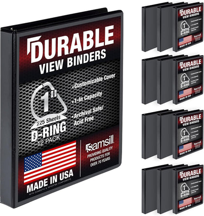 Durable 1 Inch 3 Ring Binder, D Ring Binder, 100% Recycled Chipboard, Black, 12 Pack
