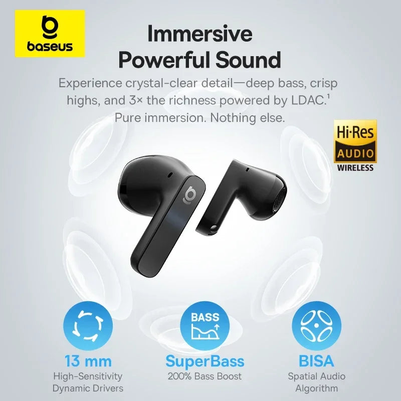 Baseus Bass BS1 Wireless Earbuds – ANC, LDAC Hi-Res Audio, Bluetooth 6.0