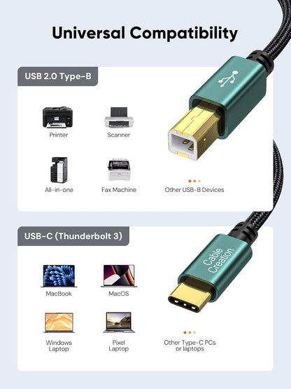 USB B to C 6.6 FT Printer Cable, MIDI Cable, Nylon Braided USB-B to C Cord for Macbook Pro/Air, Type C to Type B for Yamaha Piano, MIDI Keyboard, DJ Controller, DAC, Green